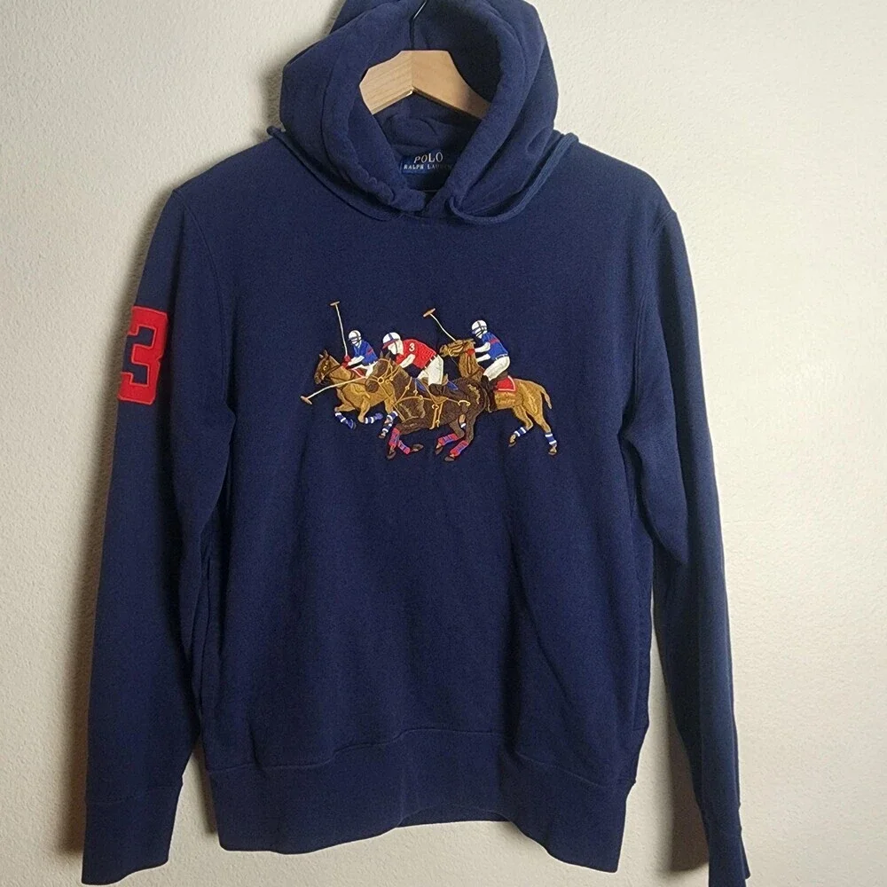 Polo Ralph Lauren Hoodie Mens Small Blue Pullover Polo Players Graphic 3 Sleeve